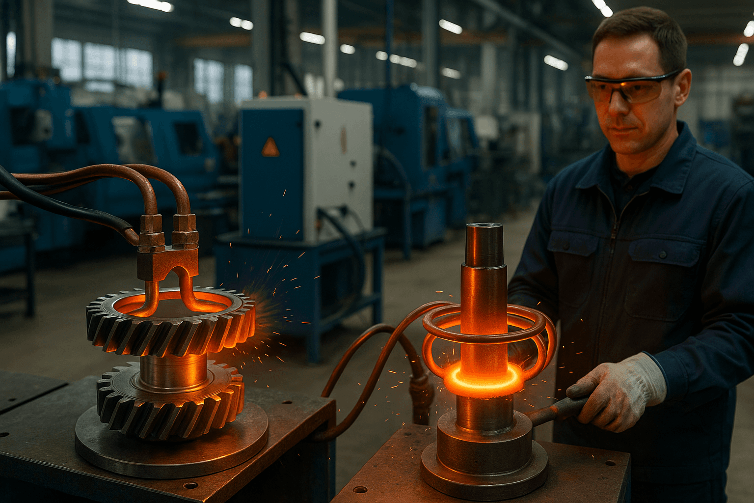 Close-up of a large industrial bearing assembly being heat treated